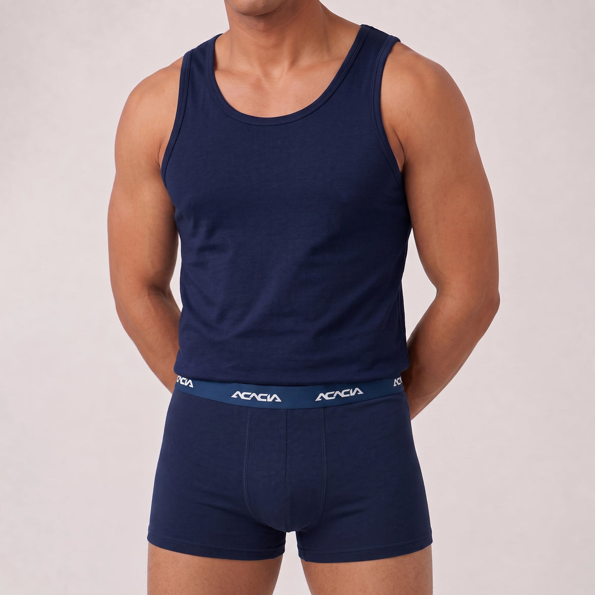 Acacia Men’s Cotton-Lycra Tank & Short Boxer Set – Dark Navy
