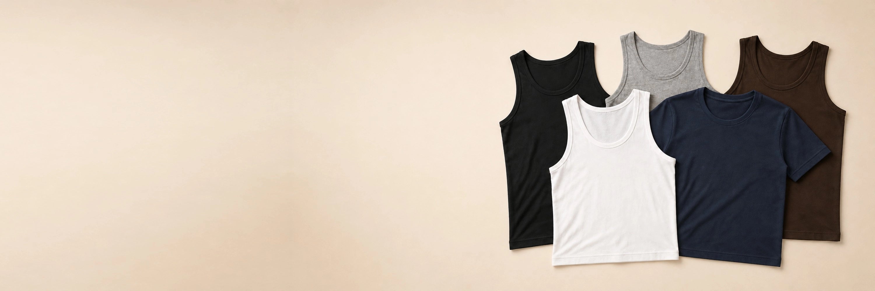 Acacia men’s 100% cotton tank and short-sleeve undershirts in white, black, grey, navy and dark brown.