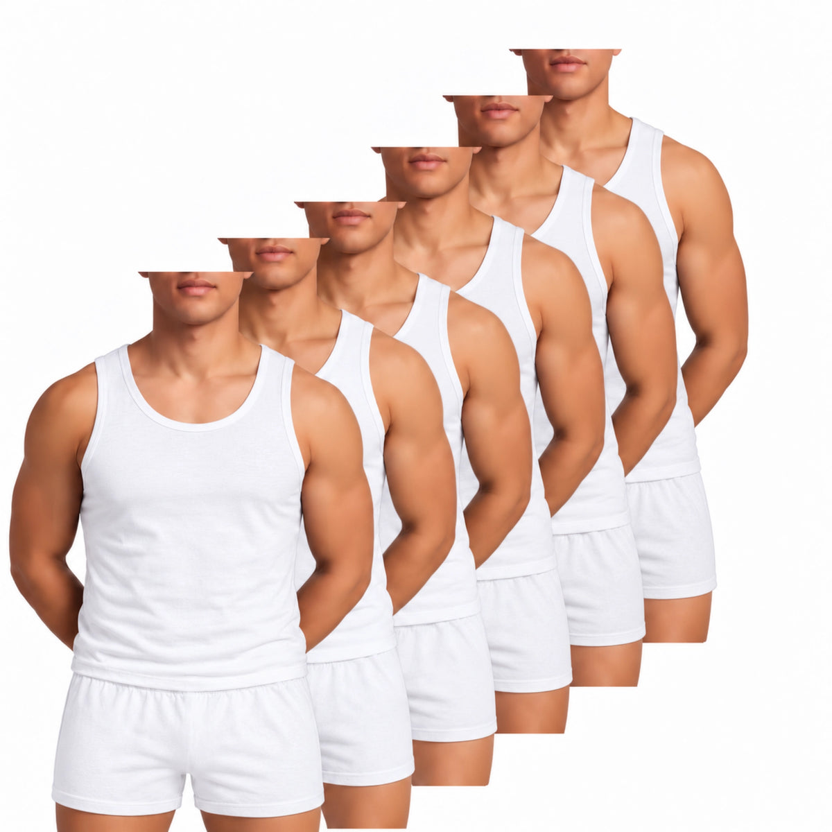 Six adult men representing Acacia’s 6-pack of white 100% cotton underwear sets, each with a sleeveless tank and boxer shorts.