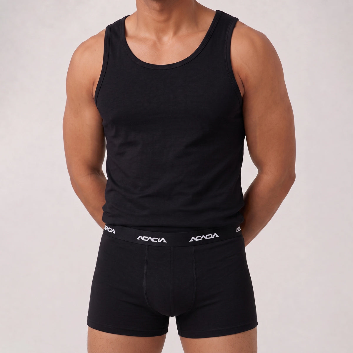 Acacia Men’s Cotton-Lycra Tank & Short Boxer Set – Black